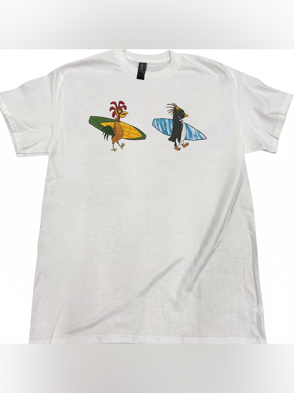 Gildan White Tee with Colorful Surfing Birds Graphic